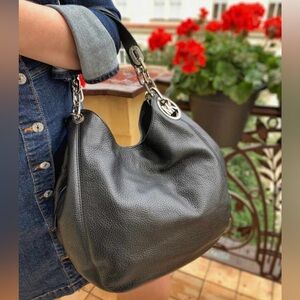 Michael Kors Black Leather Shoulder Bag with Silver Accents